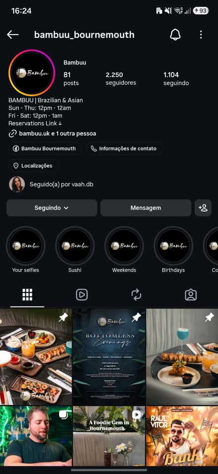 Instagram do restaurante Bambuu Bournemouth